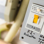 Nahaufnahme eines weißen Leistungsschalters (FI) mit gelben Schaltern mit der Aufschrift „F&G“ und handschriftlichen Notizen in deutscher Sprache darunter.