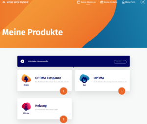 Produkte-Bereich im Meine Wien Energie Konto, in dem auf die Produkte Strom, Gas und Wärme geklickt werden kann