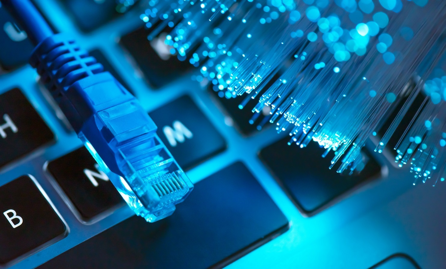 Blaues Ethernet-Kabel und Glasfaserkabel auf einer Tastatur, als Symbol für Hochgeschwindigkeits-Internet und Technologie.