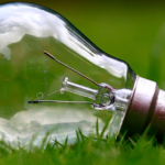 Eine klare Glühbirne liegt auf dem Gras und reflektiert den bewölkten Himmel darüber.