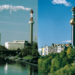 Zwei Bilder zeigen die Müllverbrennungsanlage Spittelau aus der Ferne. Links vor dem Großbrand, und rechts nach der Wiedereröffnung.