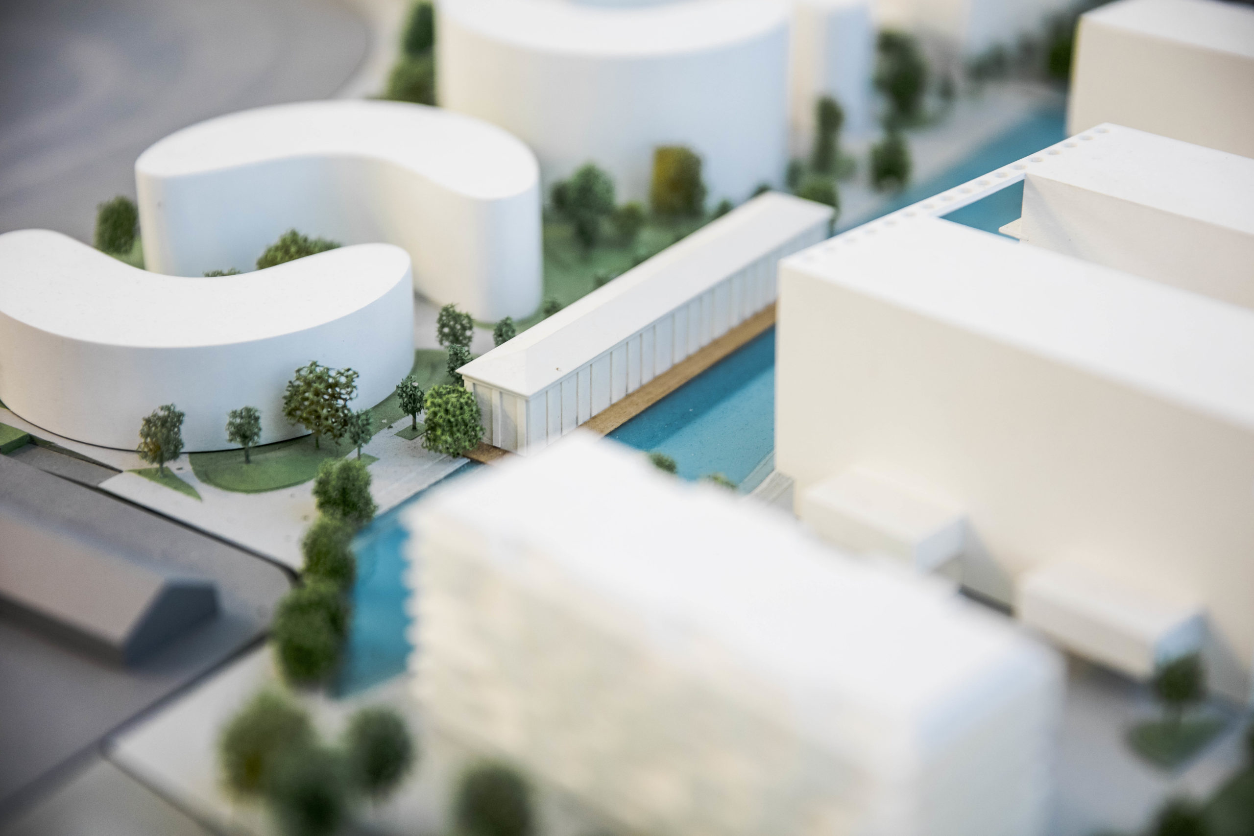 Modell von Viertel 2, Ansicht von Gebäuden und Bäumen.