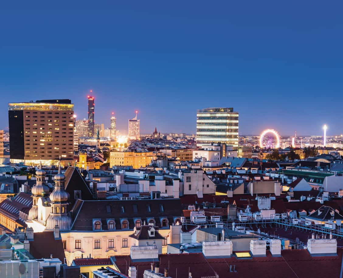 Wien bei Nacht mit Blick Richtung zweiter Bezirk