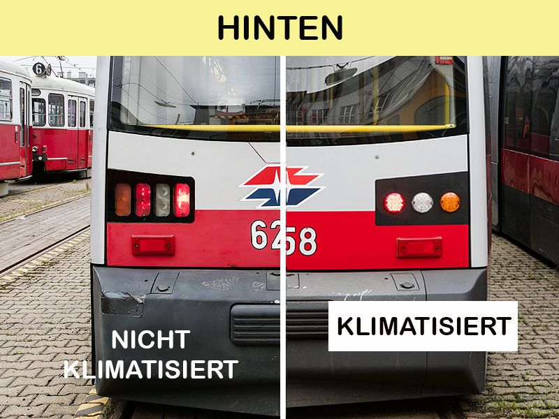 Zu sehen ist ein Vergleichsbild, auf der linken Seite ein altes Straßenbahnmodell mit viereckigen Rücklichtern, diese Bim ist nicht klimatisiert. Auf der rechten Seite des Bildes sehen wir ein neueres Straßenbahn-Modell, das rund-geformte Rücklichter hat, diese Modelle sind vollklimatisiert.