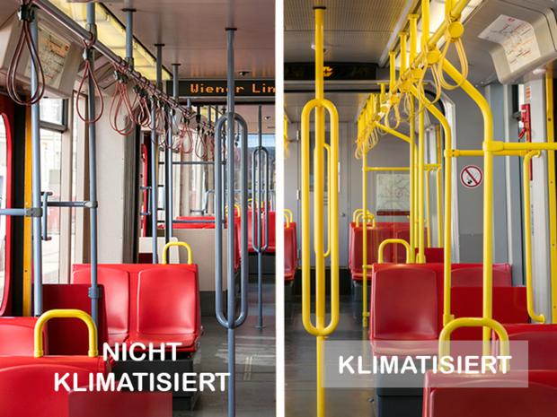 Zu sehen ist eine Vergleichsansicht zwischen alten U-Bahn Waggons, die nicht klimatisiert sind und den neueren U-Bahn-Modellen mit gelben Haltestangen, die klimatisiert sind.