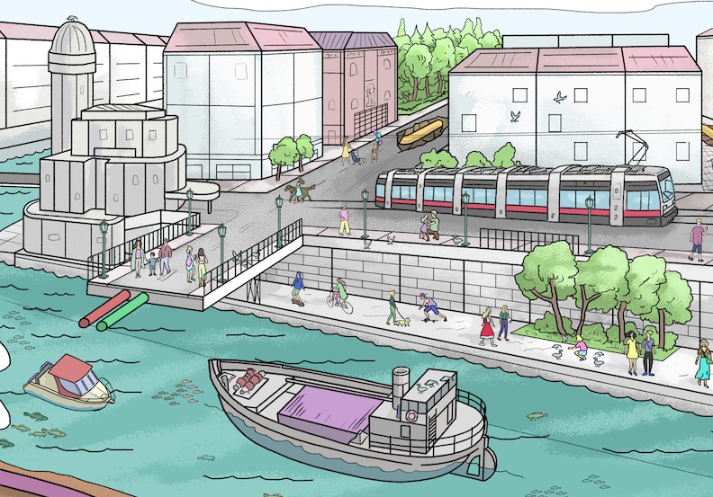 Eine Kanalszene mit Booten, einer Brücke und Passanten. Auf der nahegelegenen Straße fährt eine Straßenbahn, umgeben von Gebäuden und der Urania  und Bäumen.