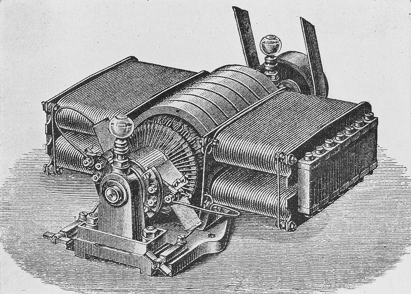 Schwarz-Weiß-Illustration eines antiken Siemens Dynamogenerators mit komplizierten Spulen und Zahnrädern aus dem Jahr 1873.