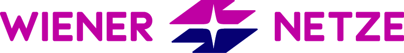 Logo mit „WIENER NETZE“ in Lila und einem Rautesymbol dazwischen, bestehend aus lila und blauen Formen.