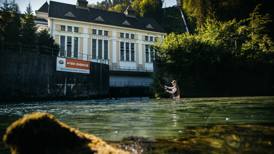Person, die in einem klaren Fluss in der Nähe des Wasserkraftwerks Opponitz, umgeben von Bäumen, Fliegenfischen betreibt.