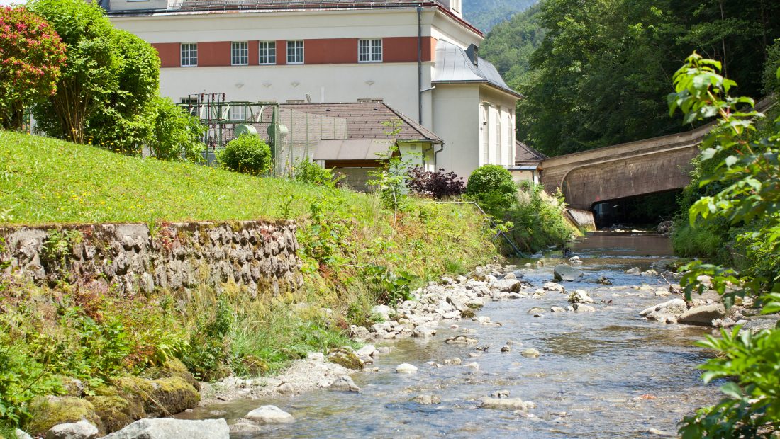 Der ruhige Bach Gaming fließt neben dem Kleinwasserkraftwerk Gaming, umgeben von üppigem Grün unter einem klaren Himmel.