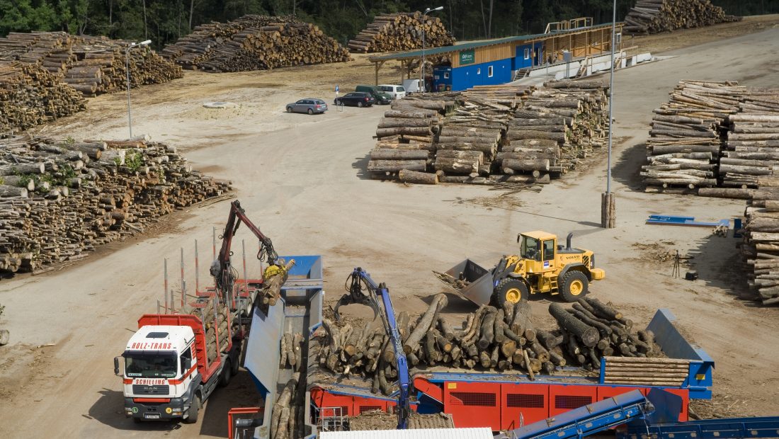 Luftaufnahme eines Holzlagerplatzes mit gestapelten Baumstämmen, Lastwagen und schweren Maschinen im Einsatz.