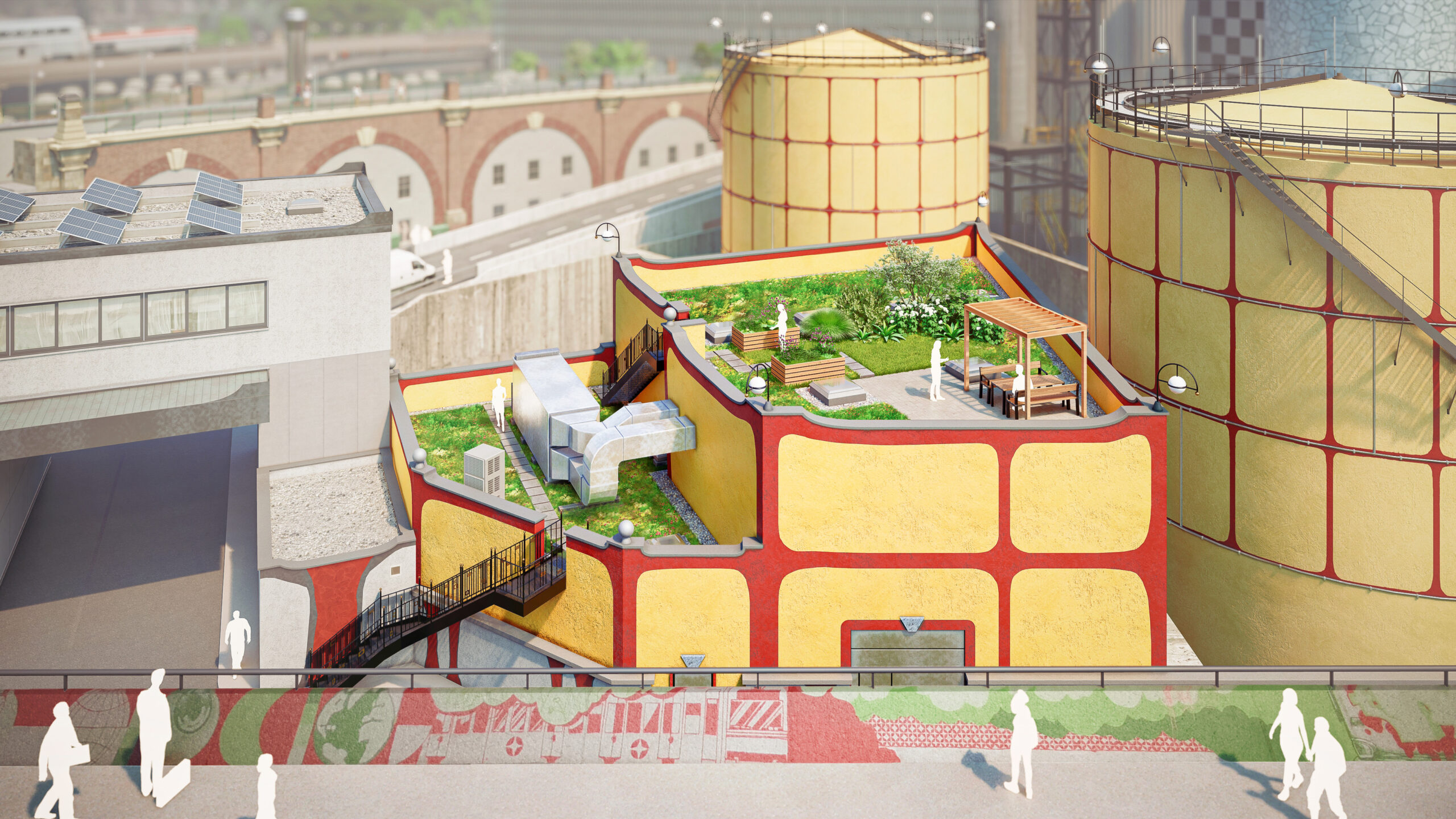 Blick auf den Dachgarten auf der Wien Energie Abfallverwertungsanlage Spittelau.