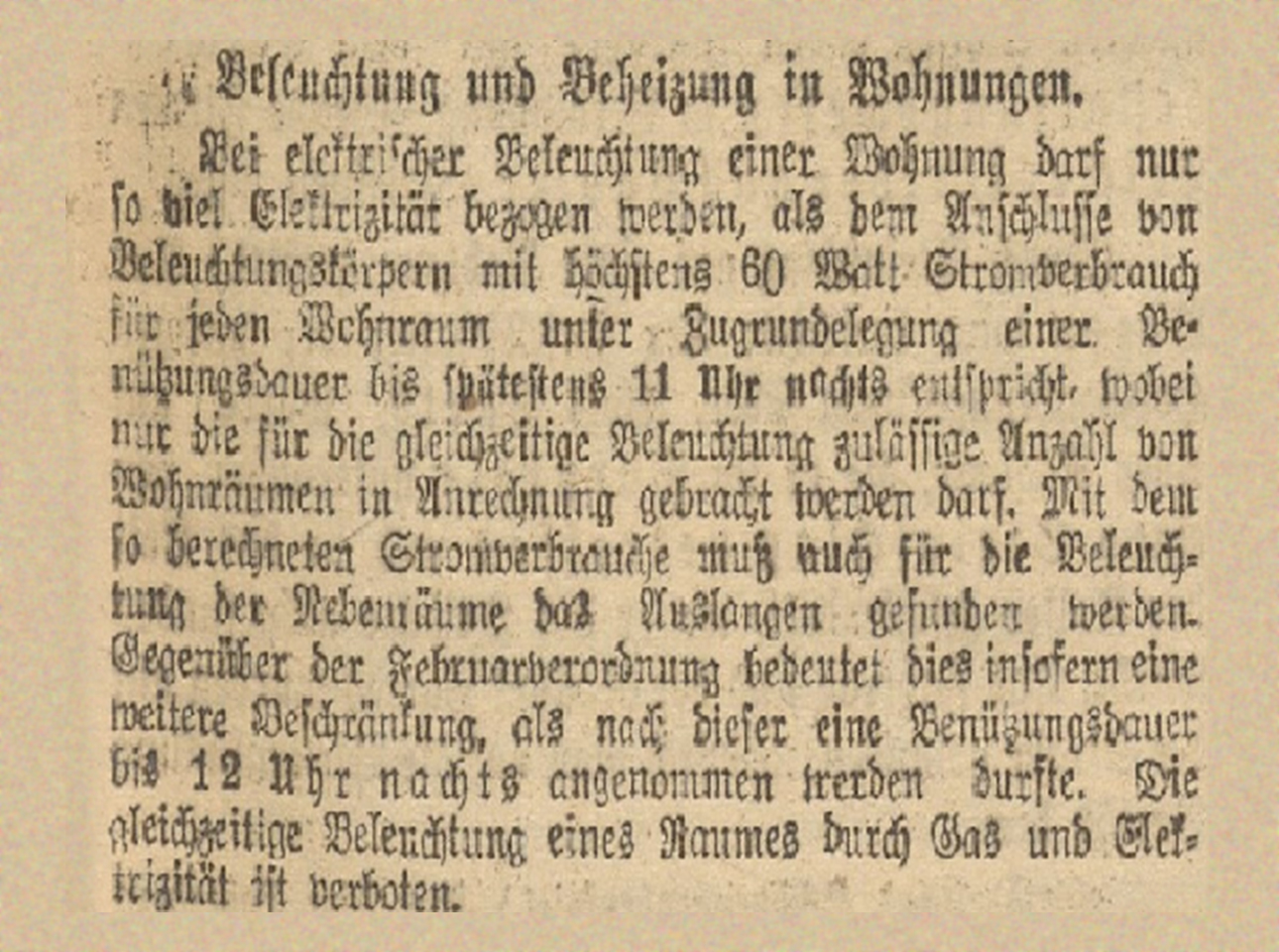 Alter deutscher Text mit detaillierten Vorschriften zum Stromverbrauch für Beleuchtung und Heizung in Wohngebäuden.