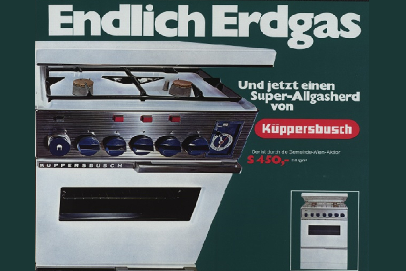 Anzeige für einen Küppersbusch-Gasherd mit Herdbild und Text zur Umstellung auf Erdgas.