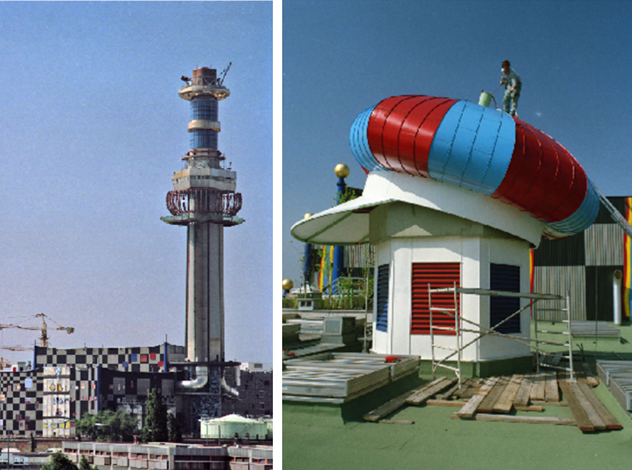 Gebäude der Müllverbrennungsanlage Spittelau im Jahr 1992. Friedensreich Hundertwassers Markenzeichen, die Haube, ziert auch die Müllverbrennungsanlage Spittelau.