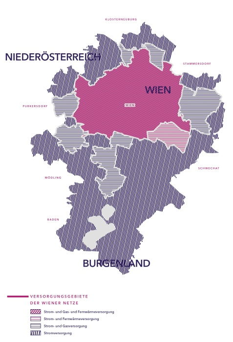 Karte des Wiener Netze Versorgungsgebiets mit den Gebieten Wien, Niederösterreich und Burgenland.