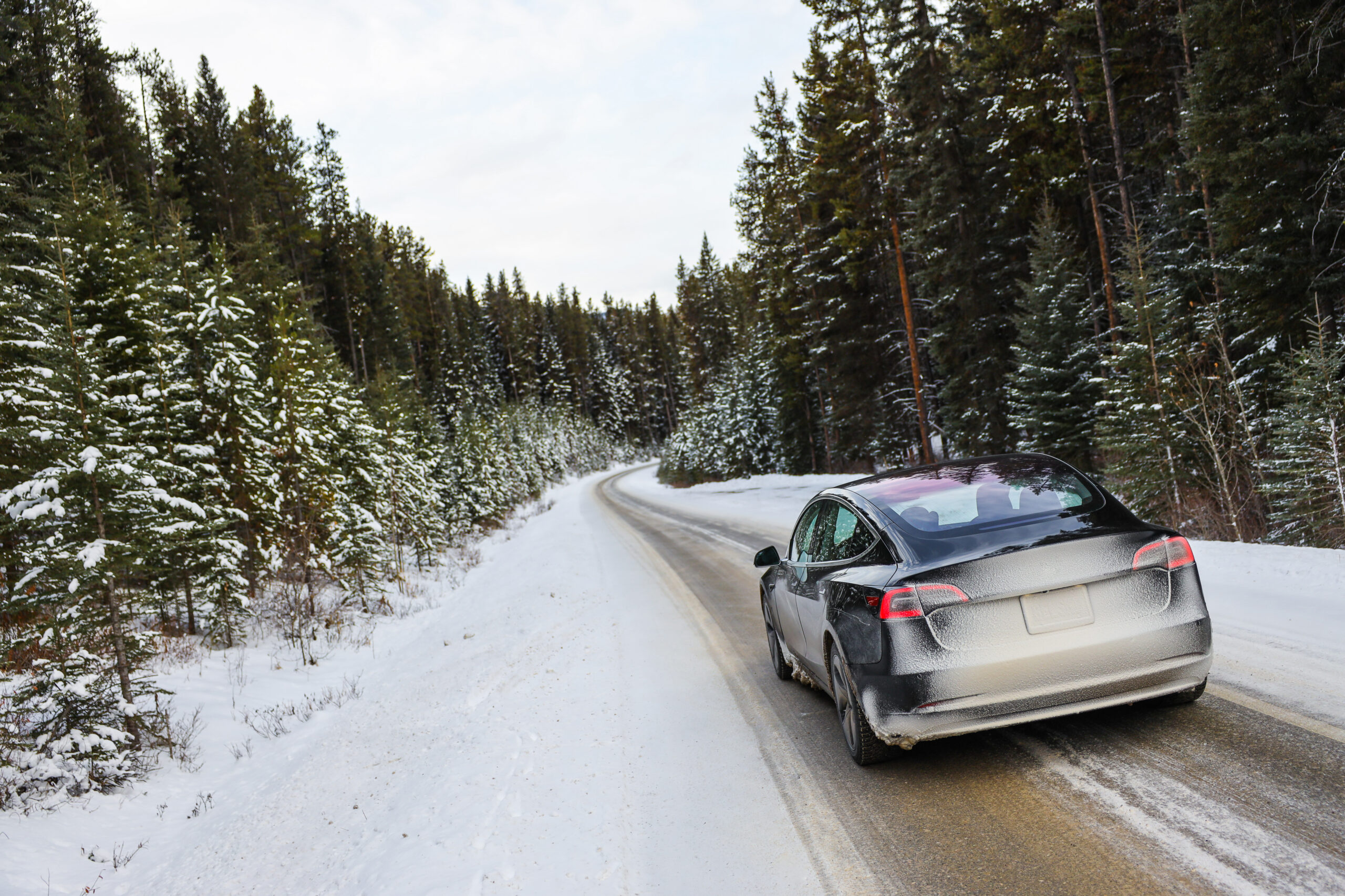 Ein Auto fährt unter einem bewölkten Himmel auf einer verschneiten, von Kiefern gesäumten Waldstraße.