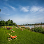 Seeszene am Arbeiterinnenstrandbad in Wien mit roten Liegestühlen auf grünem Gras, Bäumen auf der linken Seite und einem ruhigen See unter einem klaren blauen Himmel.