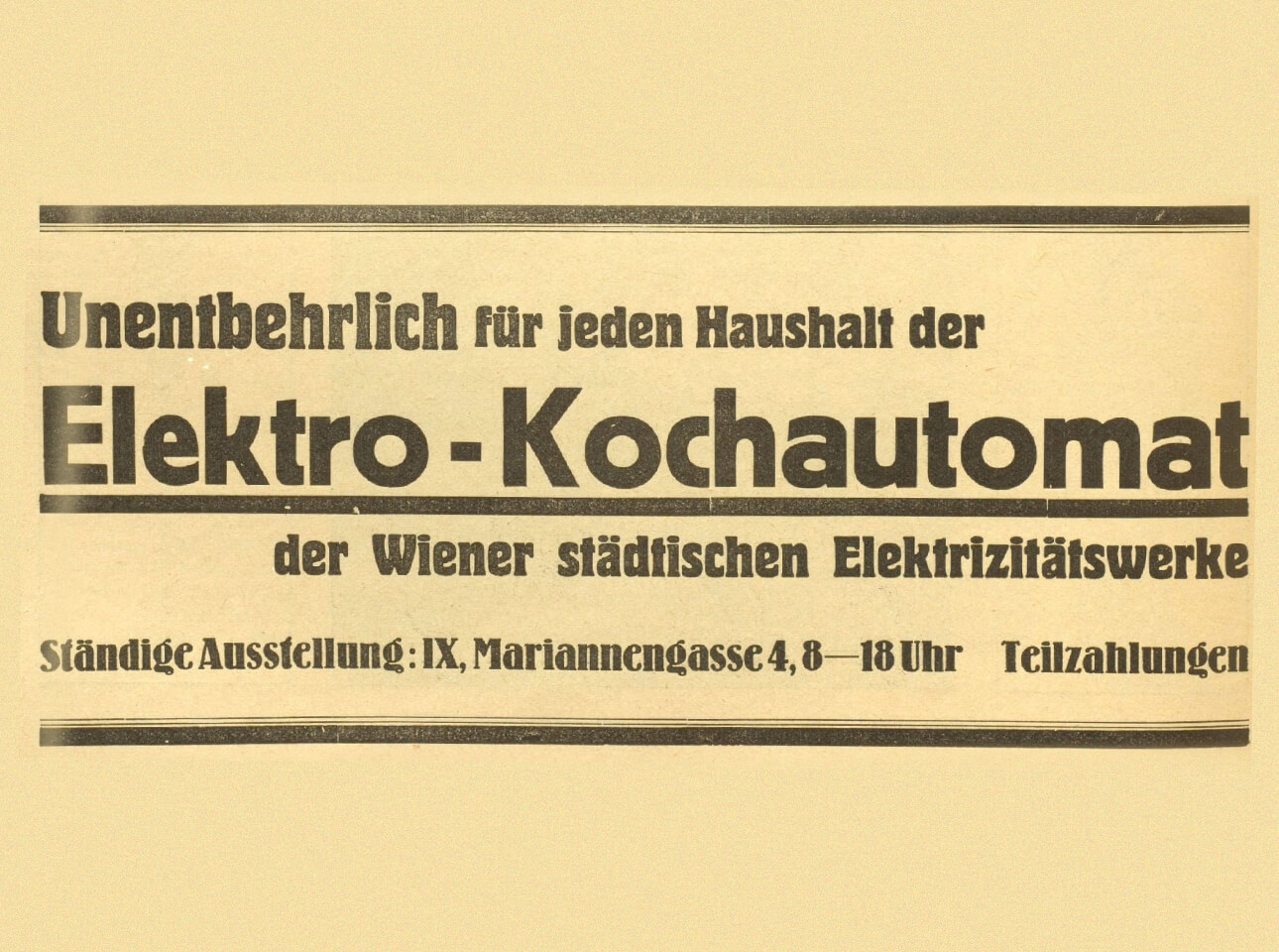 Eine Zeitungsanzeige für einen elektrischen Kochautomaten aus dem Jahr 1929.