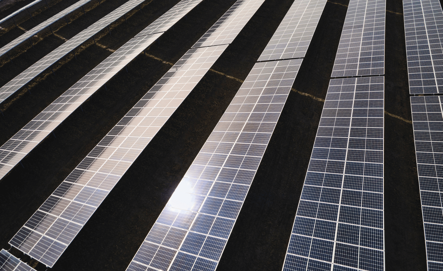 Luftaufnahme von Reihen von Solarmodulen bei der Photovoltaikanlage Schafflerhofstraße. Sie reflektieren das Sonnenlicht.