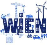 Grafik von Wien, zeigt Schriftzug Wien mit Windrädern, Photovoltaik-Anlage, E-Autos.