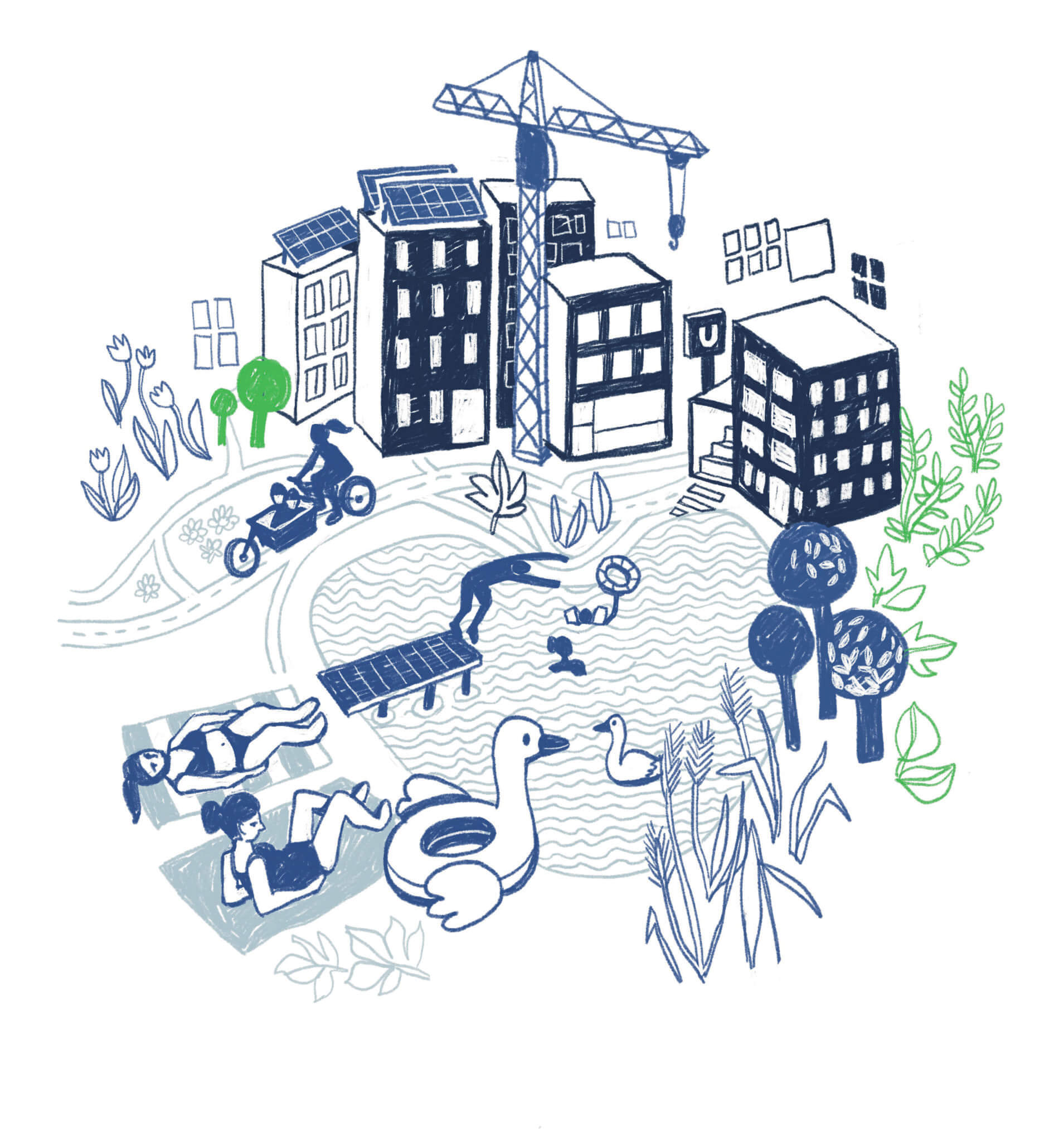 Nachhaltige und innovative Quartiere in Wien zB in der Seestadt Aspern. Grafische Darstellung von Gebäuden, dem Badesee und einem Kran.