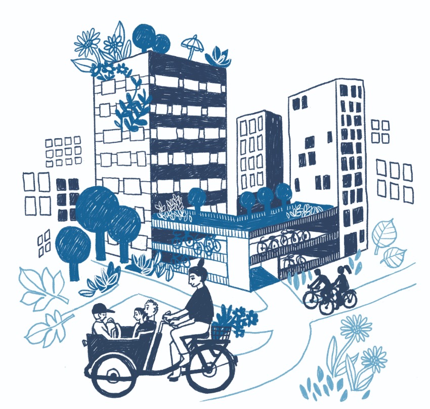 Illustration eines Radfahrers mit Kindern in einer Stadtkulisse umgeben von hohen Gebäuden und Grünflächen. Klimaschutzquartier The Marks.
