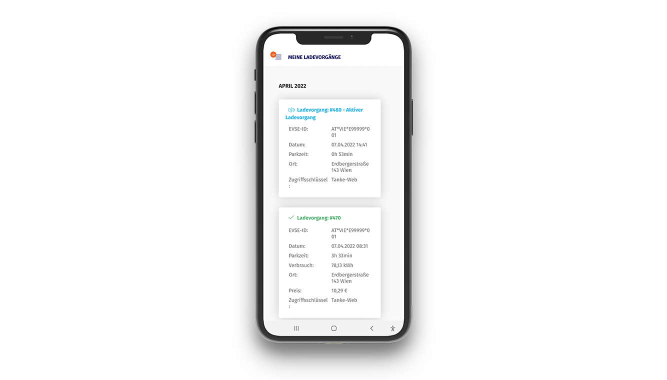 Mockup eines Handys mit Ansicht der Tanke-App und Übersicht der getätigten und aktiven Ladevorgänge