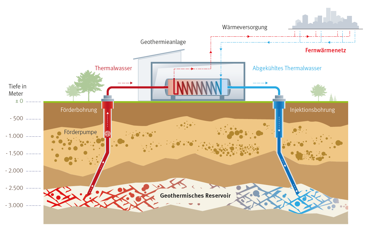 Schematische Darstellung eines Geothermiesystems mit den beschrifteten Teilen: Thermalwasser, Reservoir, Pumpen und Fernwärmenetz.
