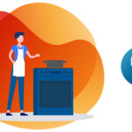 Grafik einer Personmit Schürze am Herd mit Topf darauf