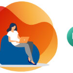 Grafik einer Frau in einem Sitzsack mit einem Laptop am Schoß