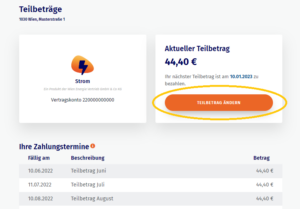 Screenshot aus der Meine Wien Energie-App, der zeigt, wo man klickt, um den Teilbetrag zu ändern
