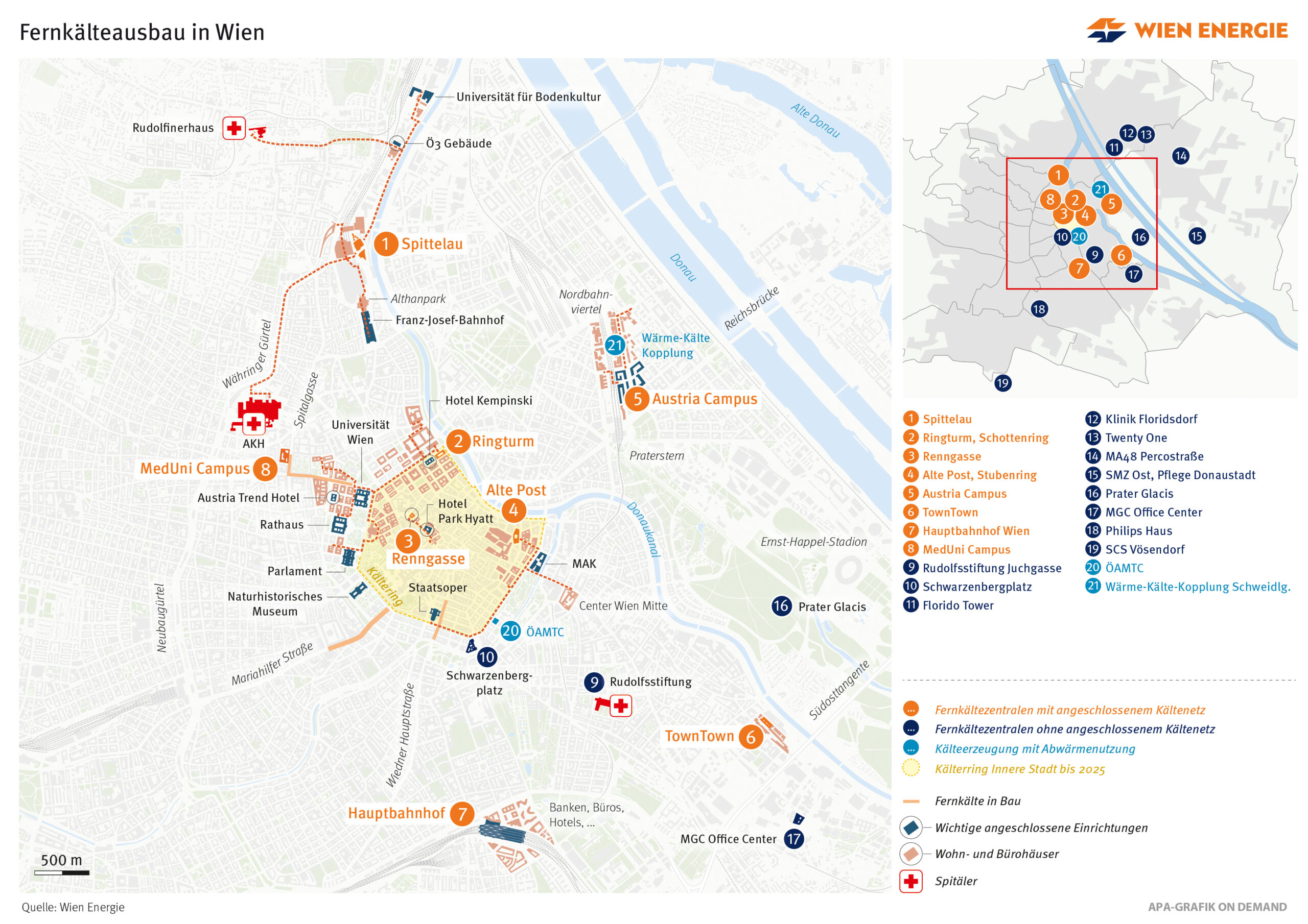 Karte des Fernkälteausbaus in Wien mit Angabe der Standorte der Kälteanlagen und Leitungen samt Legende. Credit: APA Fernkältegrafik 2023 NEU