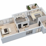 3D-Grundriss einer modernen Wohnungsaufteilung mit Schlafzimmer, Wohnbereich, Küche, Büro und Balkon.