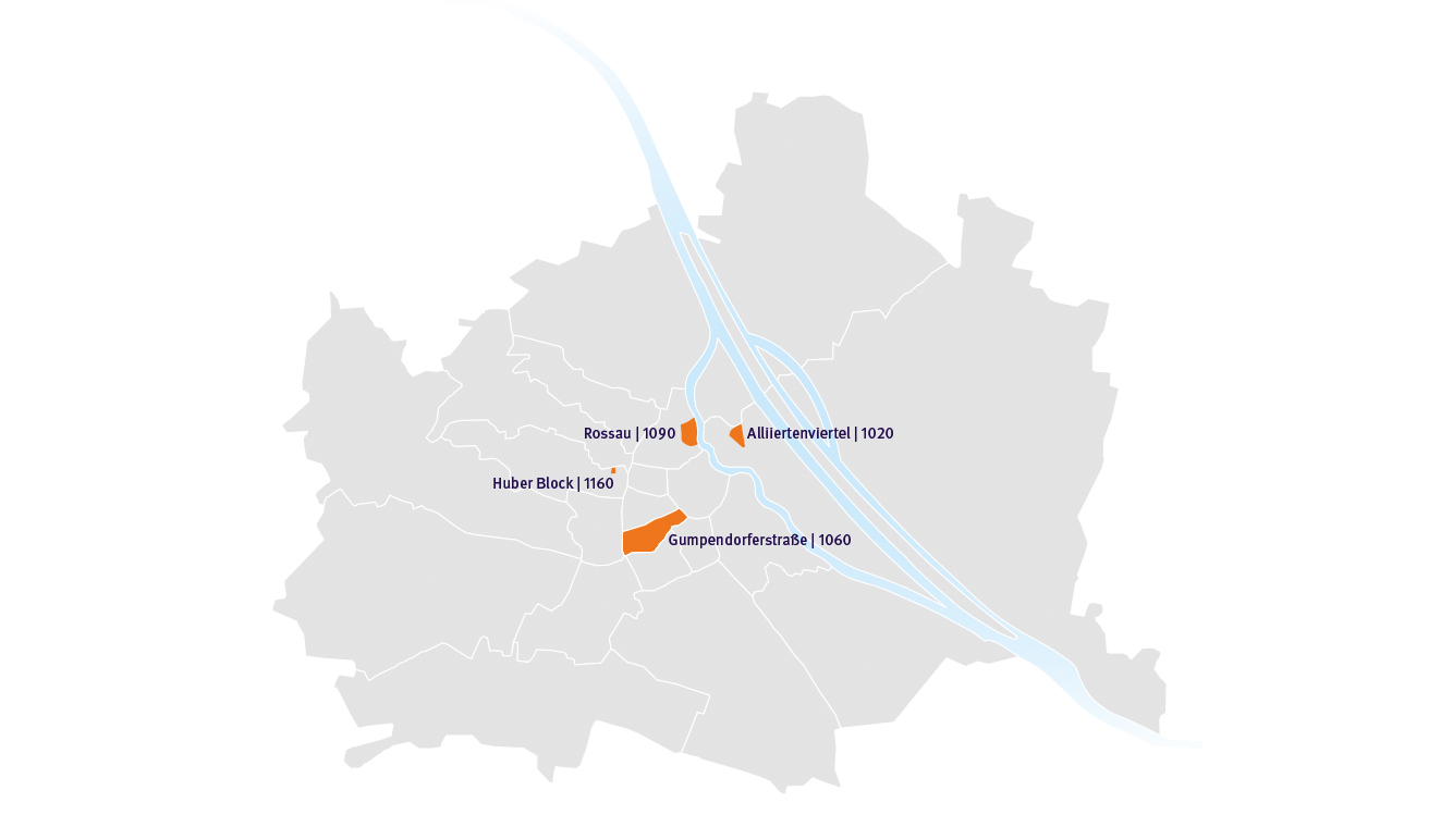 Karte mit vier hervorgehobenen Gebieten von Wien: Rossau, Huber Block, Gumpendorferstraße, Allliiertenviertel.