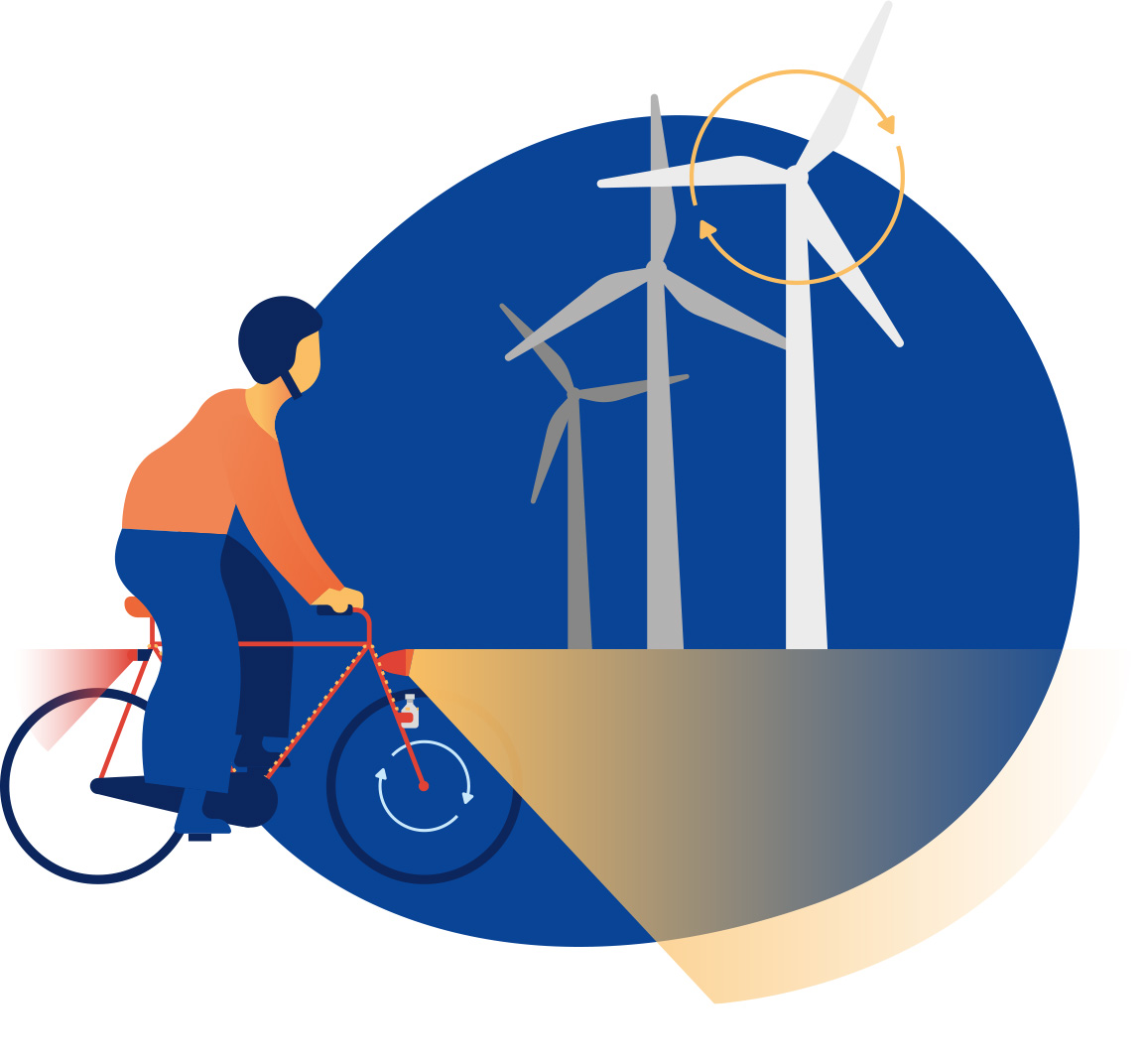 Illustration: Ein Dynamo funktioniert wie ein Windrad. Ein Radfahrer und Windräder sind zu sehen.