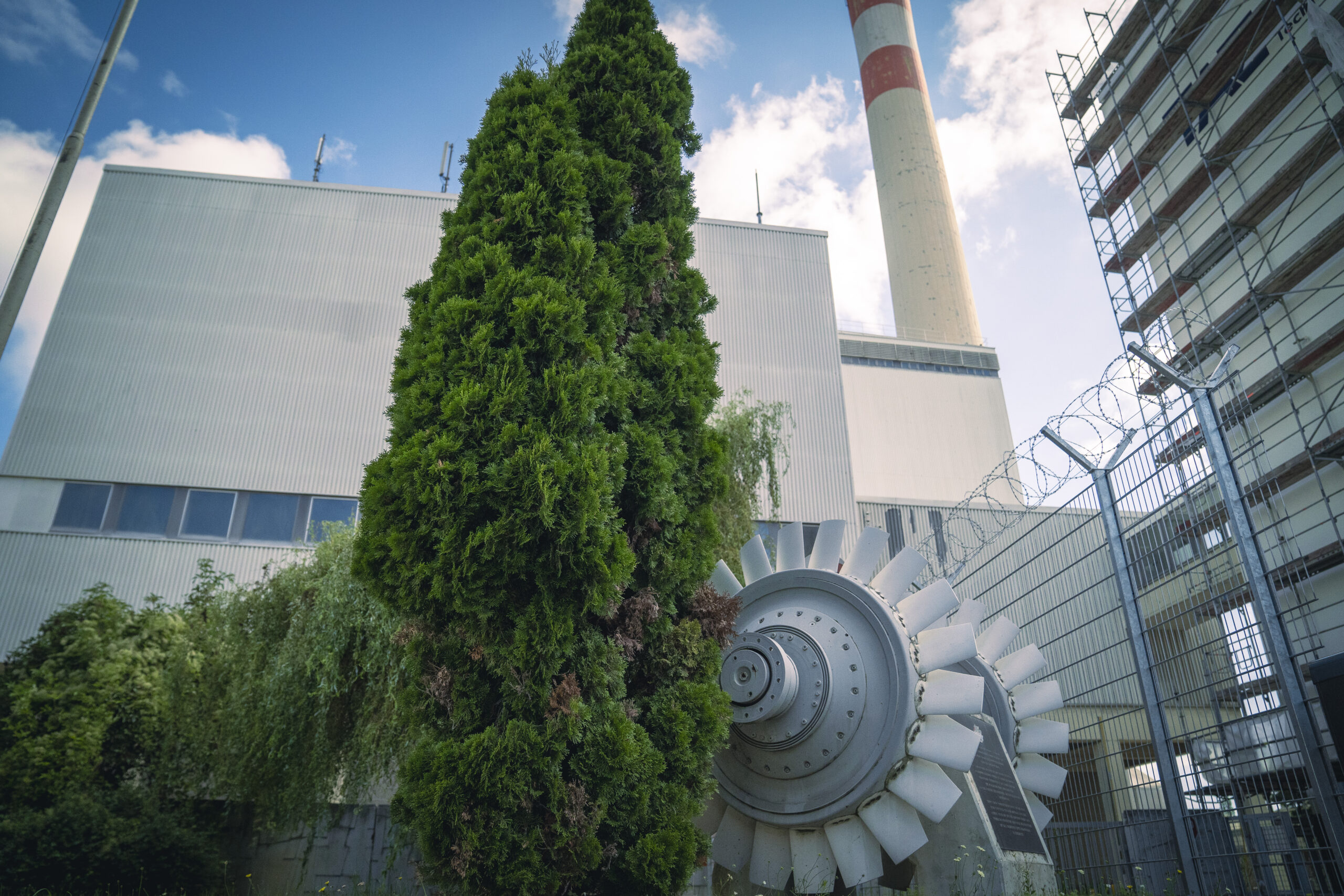 Hoher Baum neben dem Kraftwerk Donaustadt mit Turbine, einem hohen Zaun, Schornstein und bewölkter Himmel im Hintergrund.