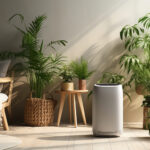 Ein gemütlicher Raum mit einem modernen Luftreiniger, umgeben von verschiedenen Grünpflanzen und sanftem Tageslicht.