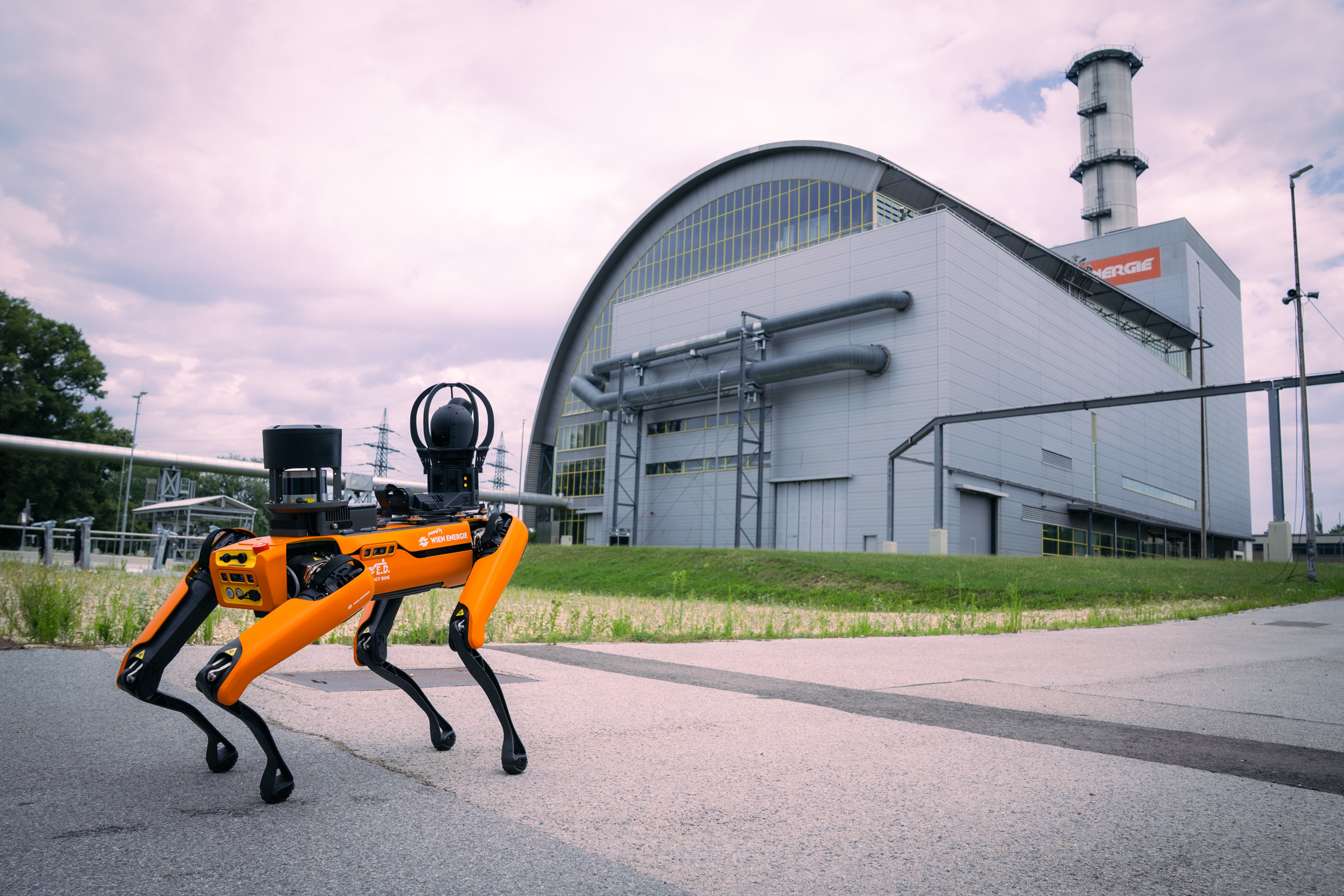 Ein leuchtend orange gestrichener Energy Dog steht auf einem gepflasterten Weg vor unserem Kraftwerk unter einem bewölkten Himmel.