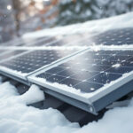 Schneebedeckte Solarmodule auf einem Dach unter klarem Himmel.