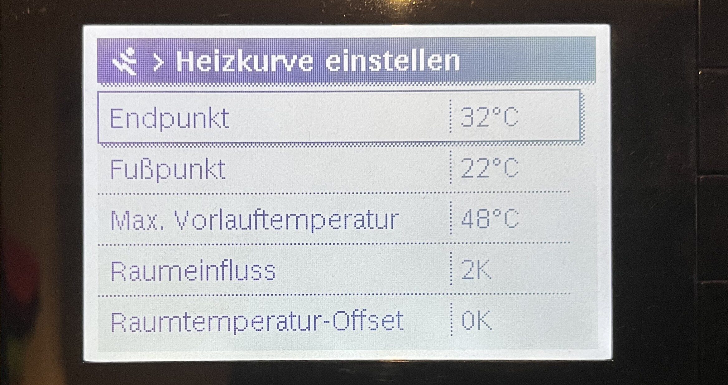 Digitale Anzeige in deutscher Sprache mit Anzeige der Heizkurveneinstellungen, einschließlich Endpunkt 32 °C und Startpunkt 22 °C. Das Bild zeigt die Einstellung am Beispiel einer Luft-Wärmepumpe.