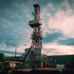 deeep-Bohrturm unter einem dramatischen Himmel bei Sonnenuntergang, umgeben von Ausrüstung und Containern.