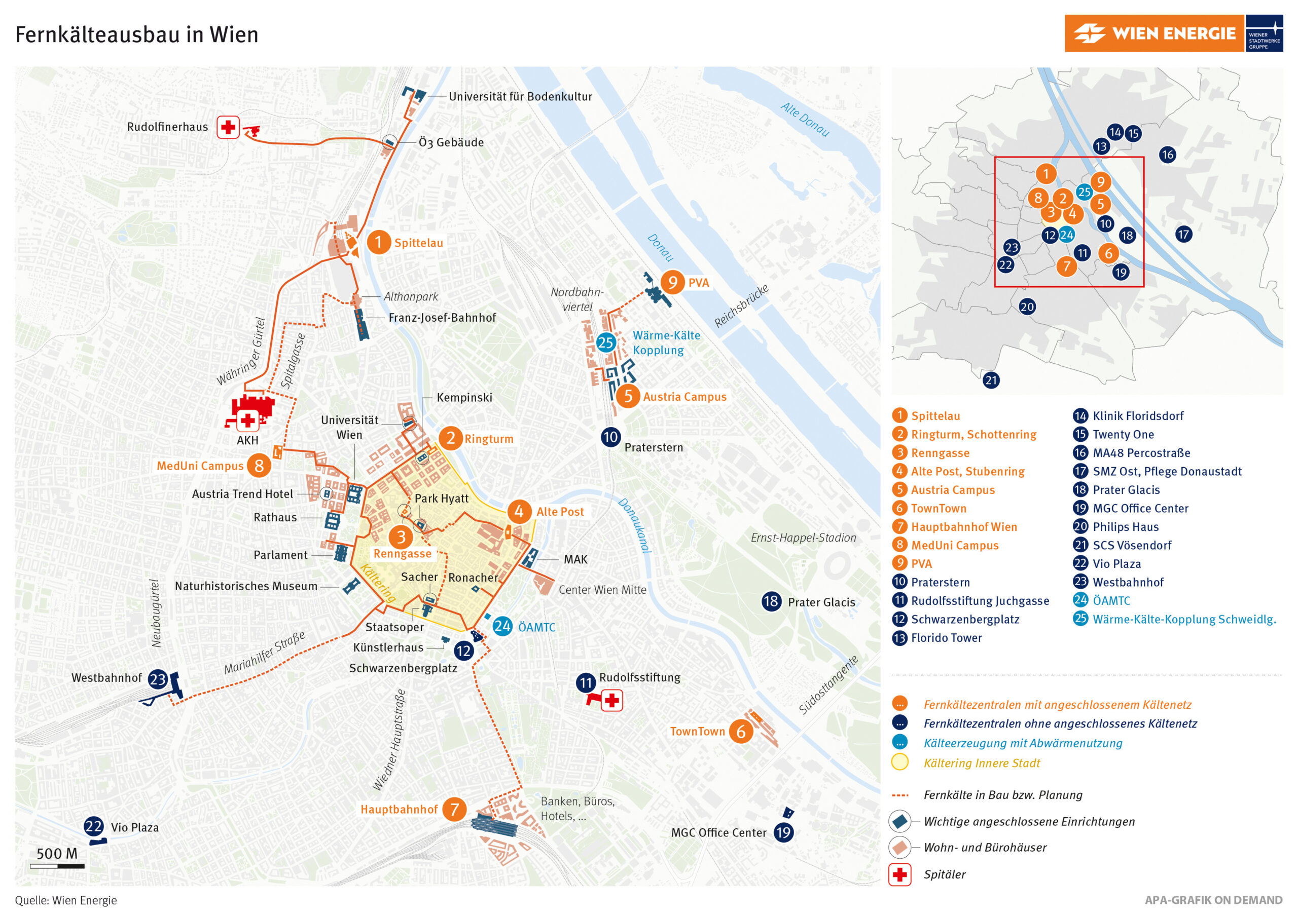 Karte des Fernkälteausbaus in Wien mit Angabe der Standorte, der Kälteanlagen und der Leitungen samt Legende.