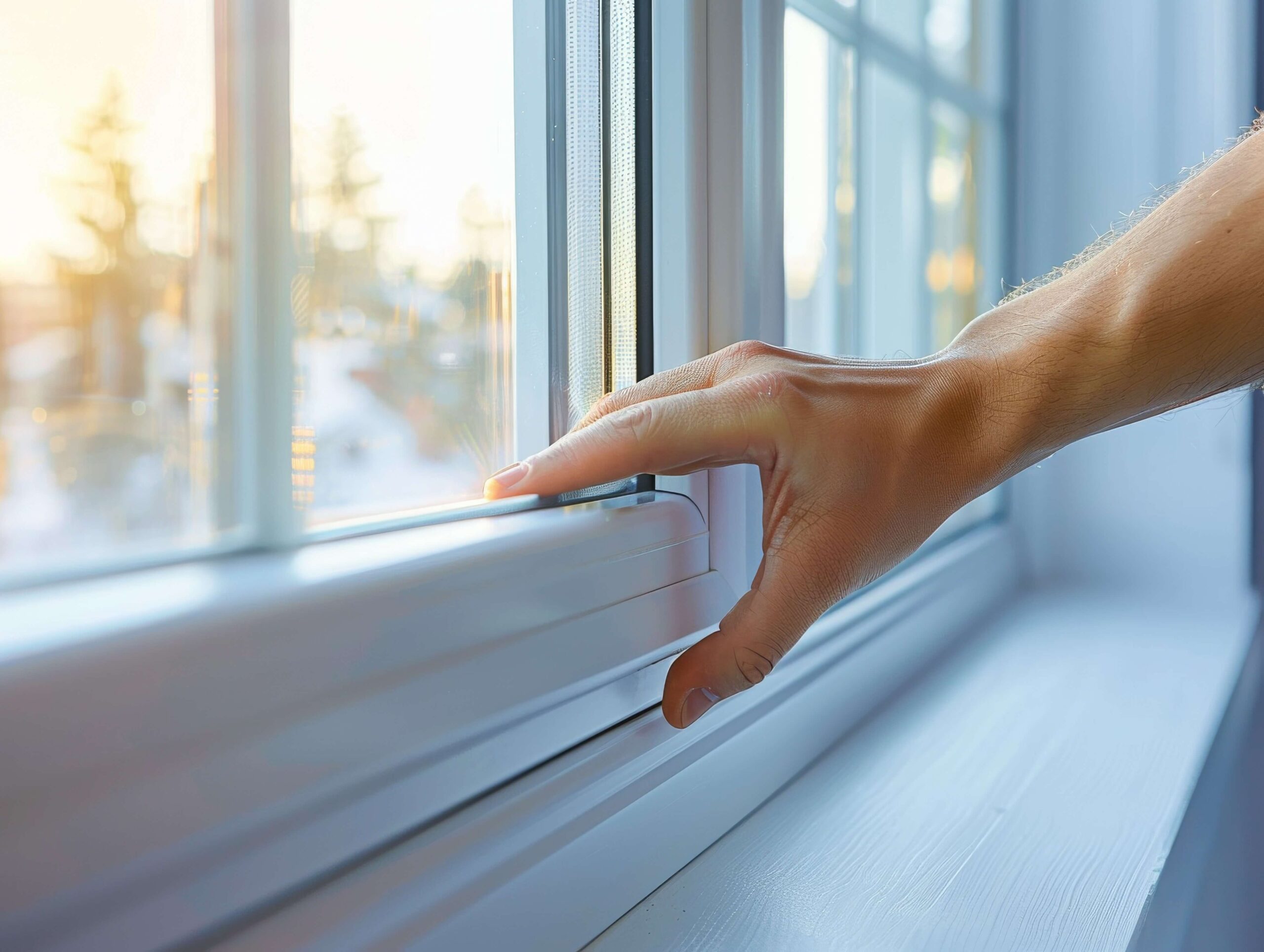 Mit der Hand wird ein Fensterrahmen berührt. Sonnenlicht scheint durch das Glas herein, draußen sieht man die Bäume.