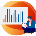 Person, die mit einem Tablet vor einem Balkendiagramm auf einem Bildschirm mit buntem Hintergrund sitzt.