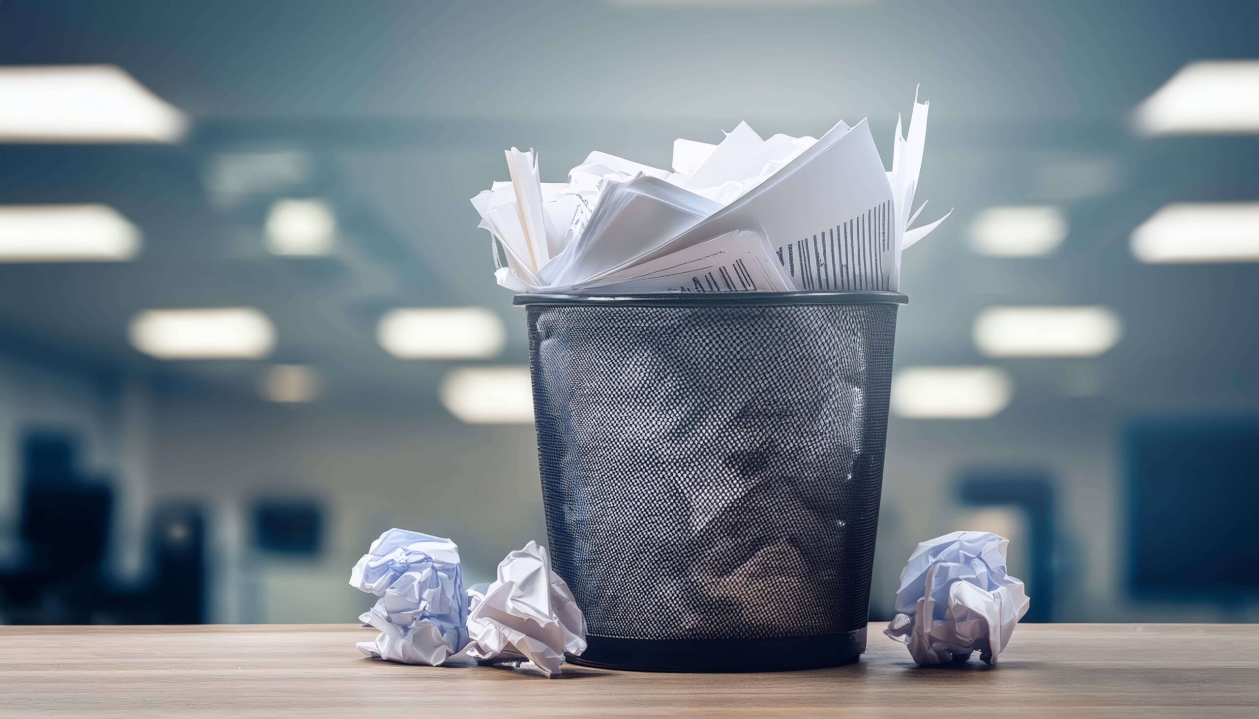 Ein voller Papierkorb mit zerknüllten Papieren auf einem Schreibtisch in einem Büro.