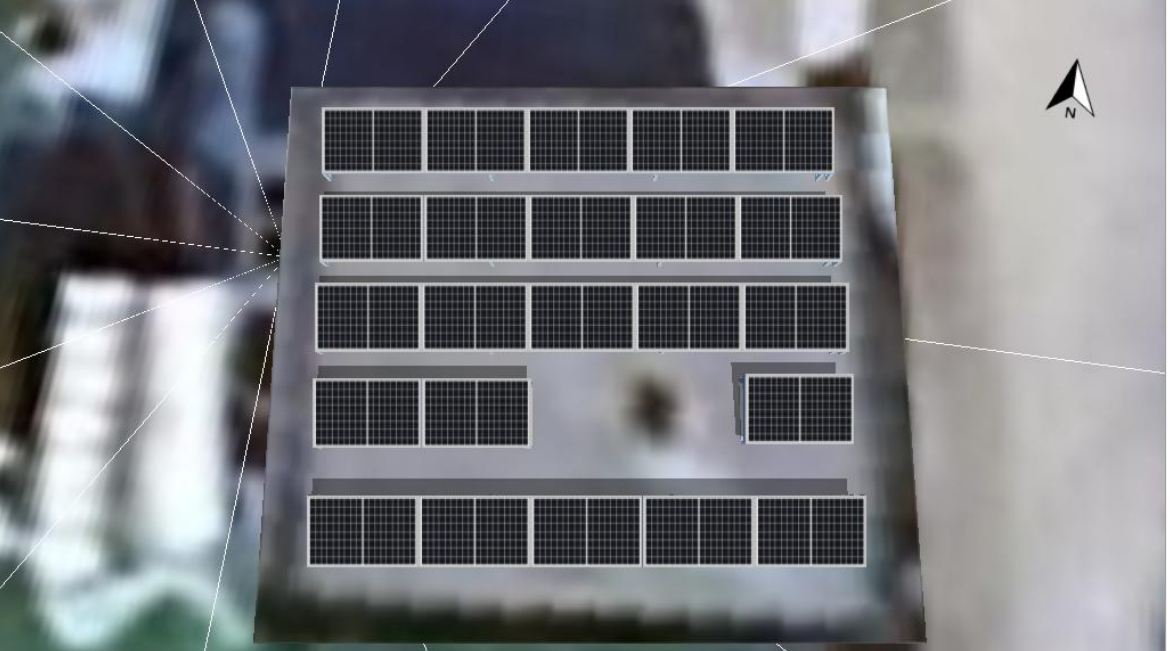 Luftaufnahme eines Daches mit einer Reihe von Solarmodulen, die in Reihen angeordnet sind.