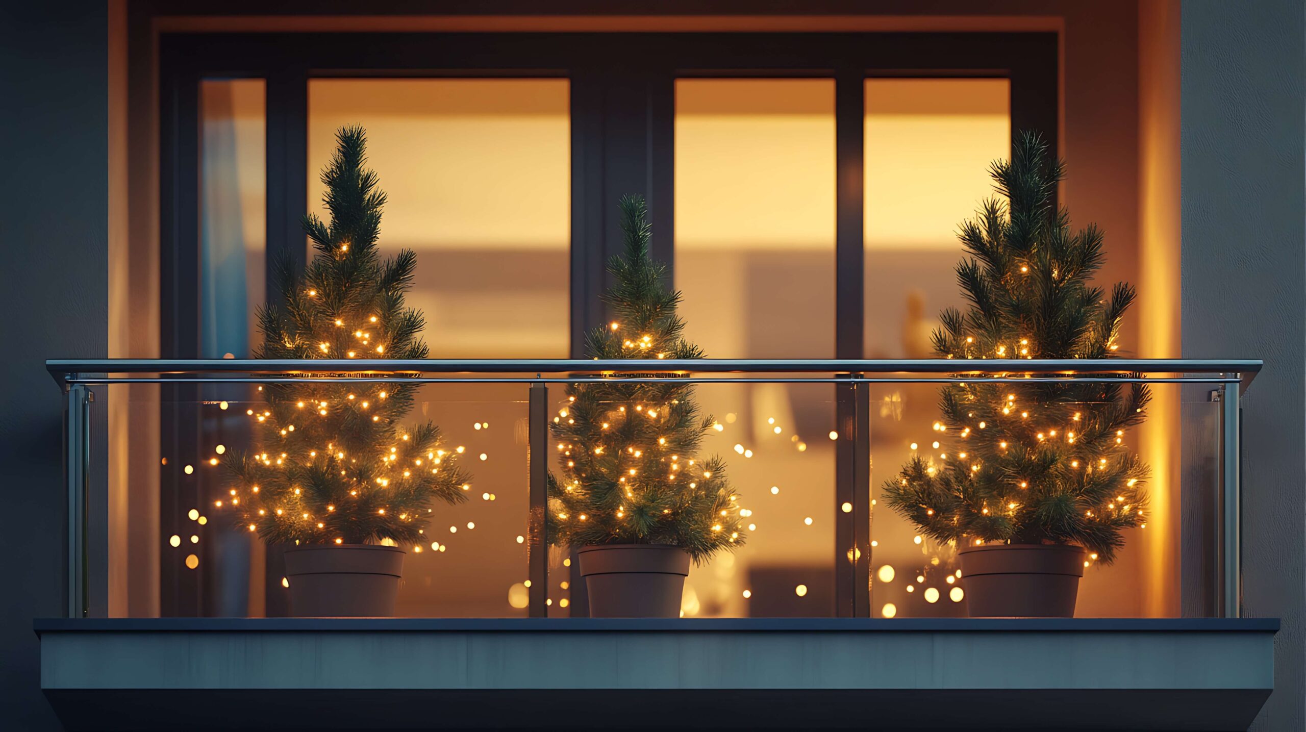 Drei kleine, geschmückte Weihnachtsbäume mit Lichtern auf einem Balkongeländer in der Dämmerung, warmes Licht aus dem Innenbereich.