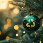 Grünes Ornament mit einem Recyclingsymbol hängt an einem Weihnachtsbaum, umgeben von warmen, verschwommenen Lichtern.