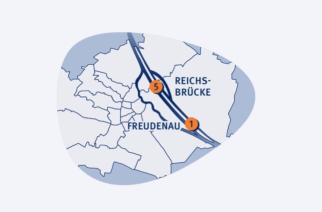 Karte von Wien auf der die Häfen mit Landstromversorgung durch Wien Energie eingezeichnet sind